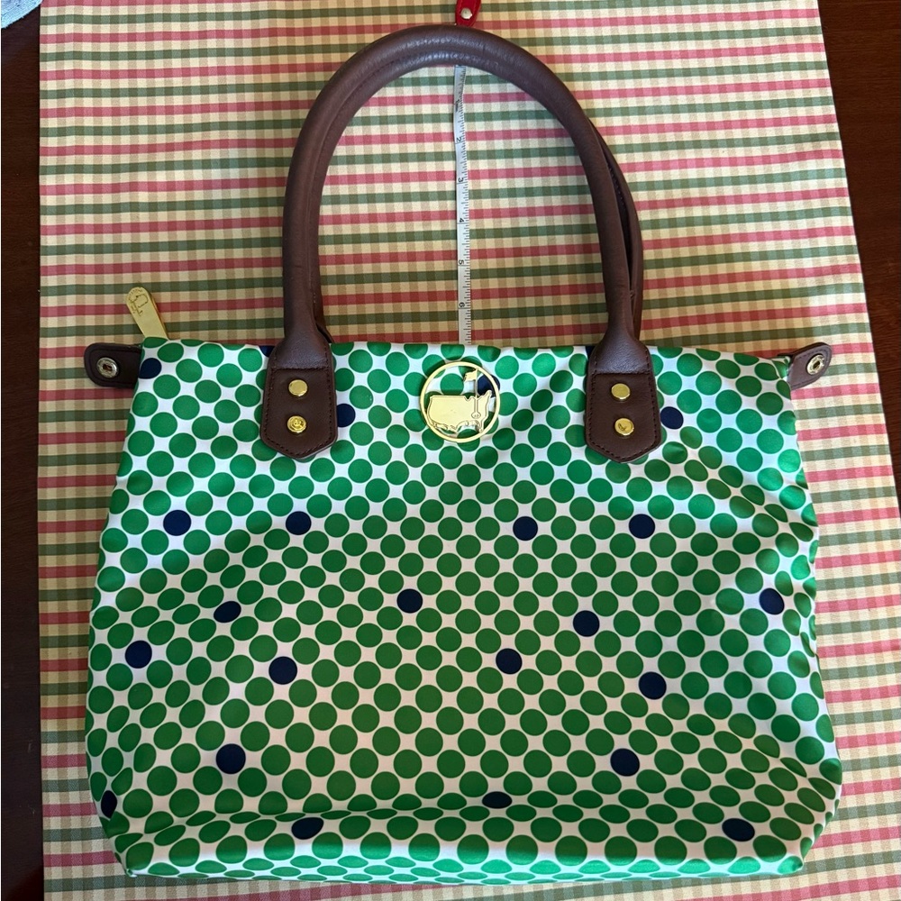 Vintage Masters purse with green and navy polka dots.